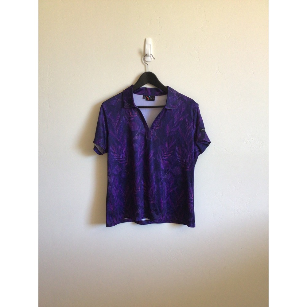 Yatta Golf Womens Purple Tropical Leaf Print Performance Polo Shirt Size L - Picture 2 of 5
